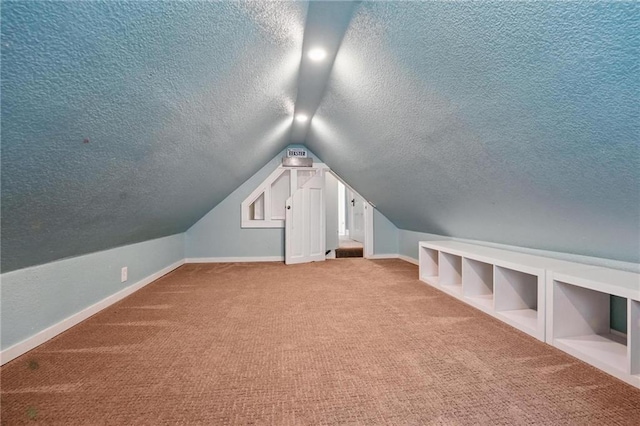 906 E Piankishaw St, Paola, KS 66071 - additional living space featuring a textured ceiling, baseboards, carpet flooring, and lofted ceiling