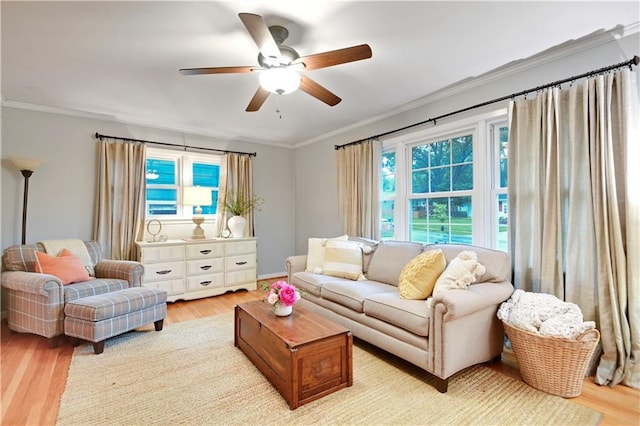 6016 W 85th St, Overland Park, KS 66207 - living area featuring ceiling fan, healthy amount of natural light, light wood-style flooring, and ornamental molding