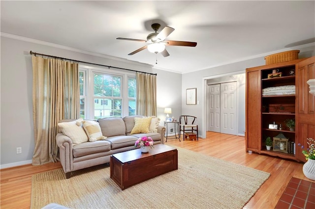 6016 W 85th St, Overland Park, KS 66207 - living area featuring ornamental molding, a ceiling fan, light wood finished floors, and baseboards