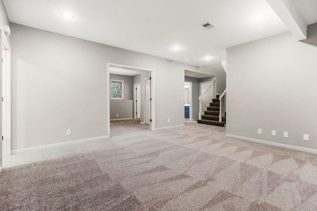 5408 W 153rd St, Leawood, KS 66224 - unfurnished living room with stairway, carpet flooring, baseboards, and recessed lighting