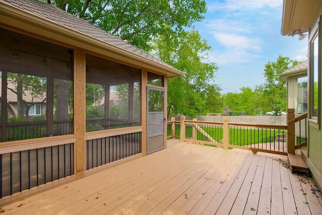 5408 W 153rd St, Leawood, KS 66224 - wooden deck featuring a fenced backyard and a sunroom