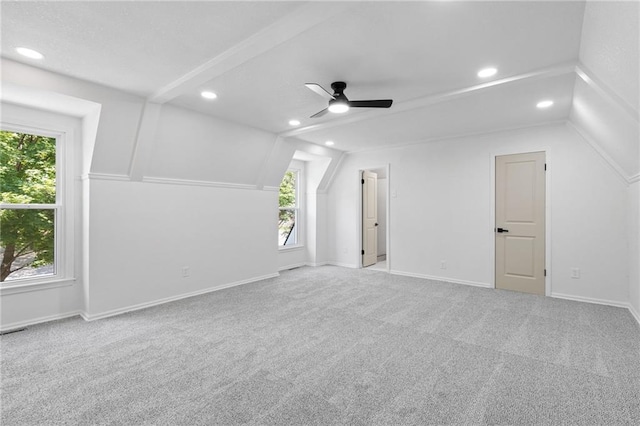 9501 Glenwood St, Overland Park, KS 66212 - additional living space featuring carpet, ceiling fan, recessed lighting, lofted ceiling, and baseboards