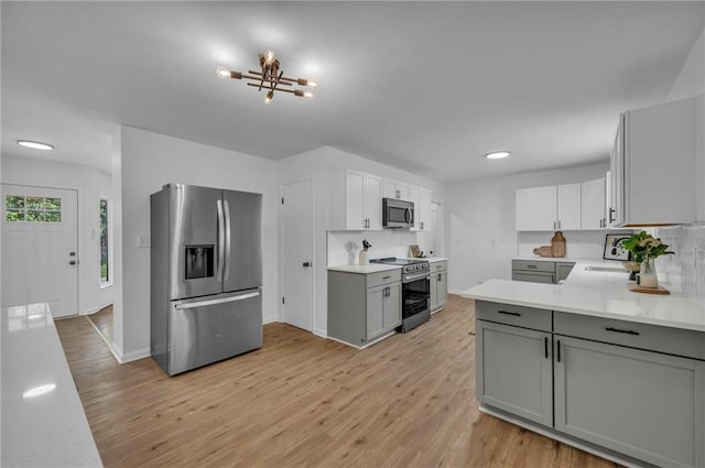 5005 S Grand Ave, Independence, MO 64055 - kitchen featuring appliances with stainless steel finishes, gray cabinetry, light wood-type flooring, and light countertops