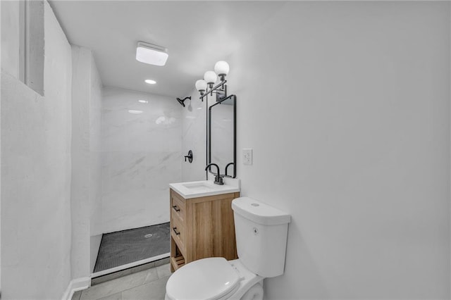 5005 S Grand Ave, Independence, MO 64055 - bathroom featuring toilet, vanity, a marble finish shower, tile patterned floors, and recessed lighting
