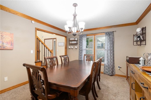 7504 N Palmer Ave, Kansas City, MO 64158 - dining space featuring a chandelier, light carpet, baseboards, and crown molding