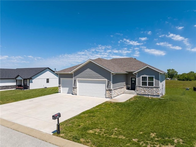 76 Casper St, Garden City, MO 64747 - view of front facade featuring an attached garage, a front yard, concrete driveway, and stone siding