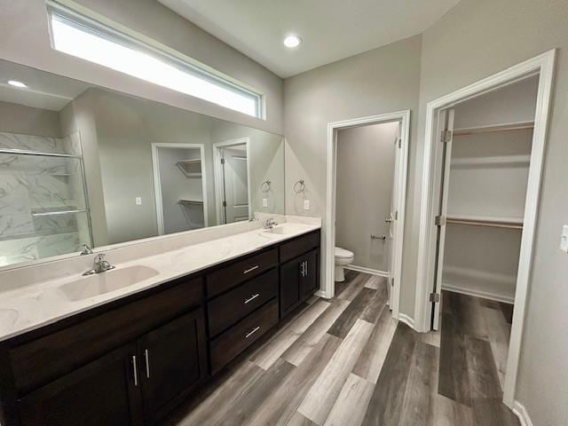 10204 Siena Dr, Peculiar, MO 64078 - bathroom with a spacious closet, toilet, double vanity, and a marble finish shower