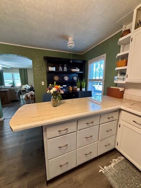 217 5th St, Burlington, KS 66839 - kitchen featuring open shelves, arched walkways, plenty of natural light, white cabinets, and crown molding
