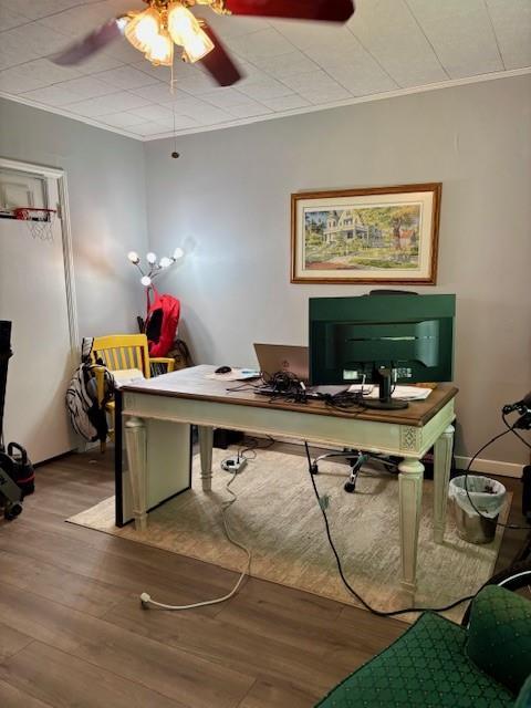 217 5th St, Burlington, KS 66839 - office area with crown molding, wood finished floors, and a ceiling fan