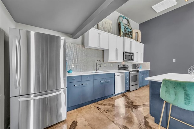 360 W Pershing Rd Unit 310, Kansas City, MO 64108 - kitchen featuring stainless steel appliances, a sink, blue cabinets, light countertops, and decorative backsplash