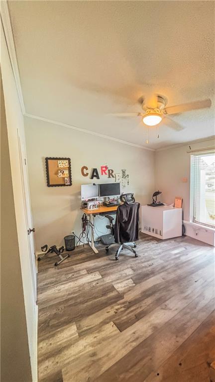 69 Porcupine Path, Linn Valley, KS 66040 - office space featuring wood finished floors, ornamental molding, and a ceiling fan