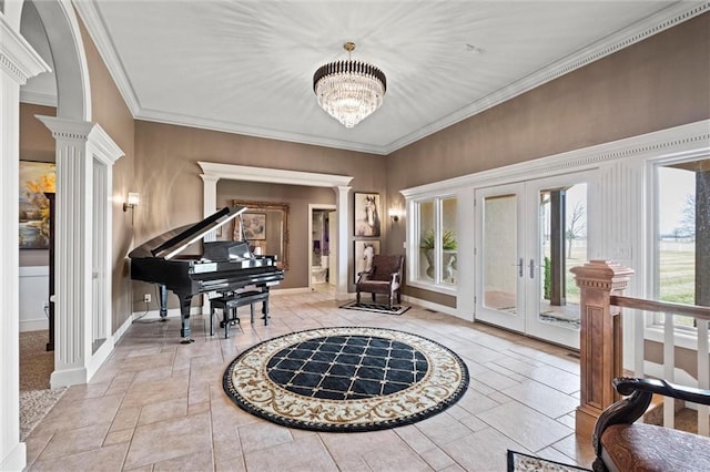 14971 Fairmount Rd, Basehor, KS 66007 - living area with french doors, stone tile flooring, ornate columns, baseboards, and ornamental molding