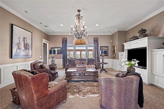 14971 Fairmount Rd, Basehor, KS 66007 - carpeted living room featuring a chandelier, a decorative wall, recessed lighting, wainscoting, and ornamental molding