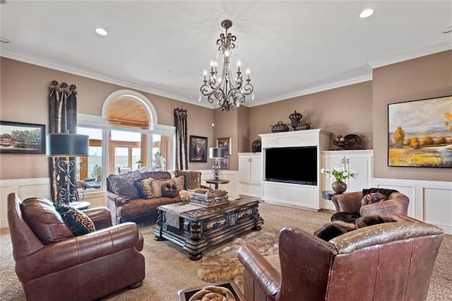 14971 Fairmount Rd, Basehor, KS 66007 - carpeted living area with a chandelier, ornamental molding, a decorative wall, wainscoting, and recessed lighting