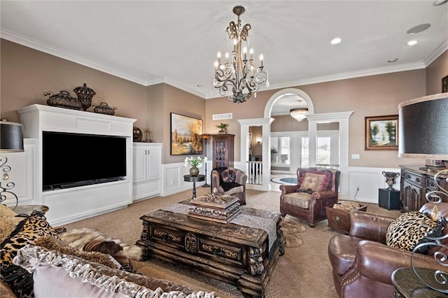 14971 Fairmount Rd, Basehor, KS 66007 - living area with decorative columns, carpet, arched walkways, crown molding, and wainscoting