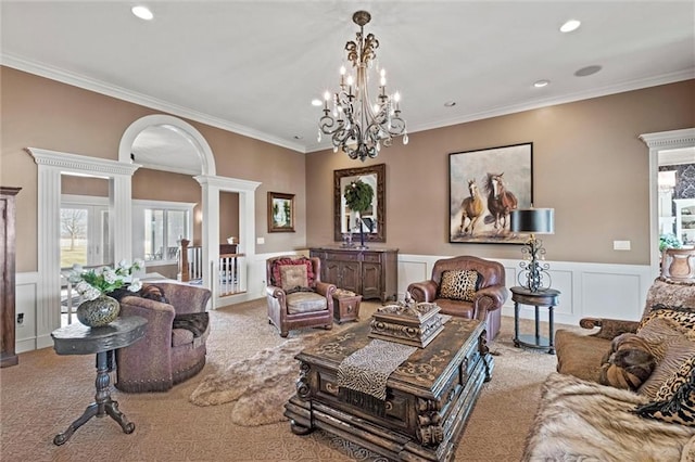 14971 Fairmount Rd, Basehor, KS 66007 - living room featuring carpet, crown molding, a wainscoted wall, healthy amount of natural light, and recessed lighting