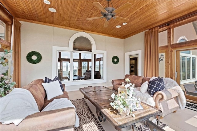 14971 Fairmount Rd, Basehor, KS 66007 - living area featuring wooden ceiling, ceiling fan, recessed lighting, and ornamental molding