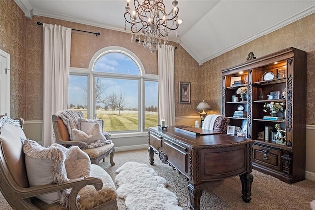 14971 Fairmount Rd, Basehor, KS 66007 - home office featuring a chandelier, vaulted ceiling, wallpapered walls, and carpet