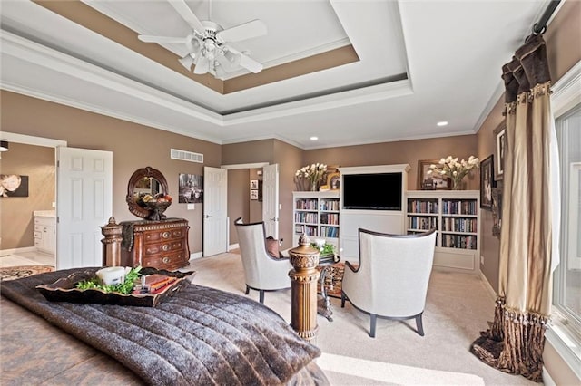 14971 Fairmount Rd, Basehor, KS 66007 - bedroom with crown molding, a raised ceiling, light colored carpet, baseboards, and recessed lighting