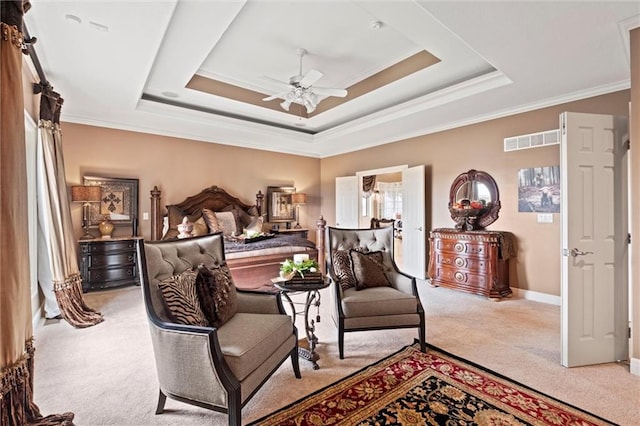 14971 Fairmount Rd, Basehor, KS 66007 - bedroom with light colored carpet, crown molding, a tray ceiling, baseboards, and a ceiling fan