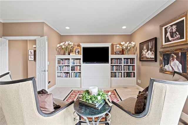 14971 Fairmount Rd, Basehor, KS 66007 - carpeted living area featuring baseboards, ornamental molding, and recessed lighting