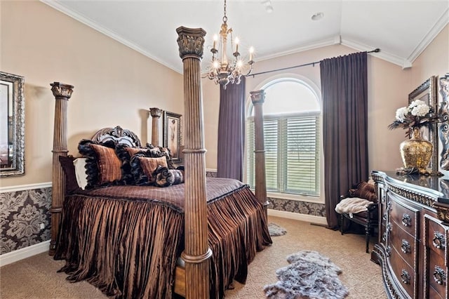 14971 Fairmount Rd, Basehor, KS 66007 - carpeted bedroom featuring a chandelier, baseboards, decorative columns, crown molding, and lofted ceiling