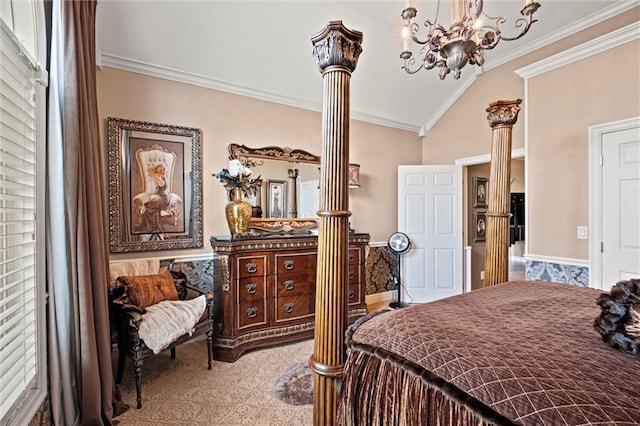 14971 Fairmount Rd, Basehor, KS 66007 - bedroom with decorative columns, crown molding, lofted ceiling, and a chandelier