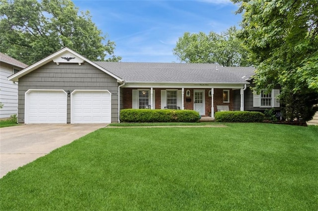 9613 Dearborn St, Overland Park, KS 66207 - ranch-style home with a garage, concrete driveway, a front lawn, a porch, and a shingled roof