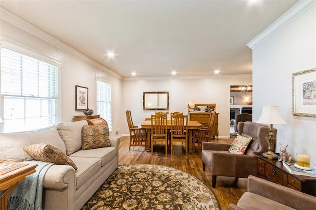 9613 Dearborn St, Overland Park, KS 66207 - living room with wood finished floors, crown molding, recessed lighting, and baseboards