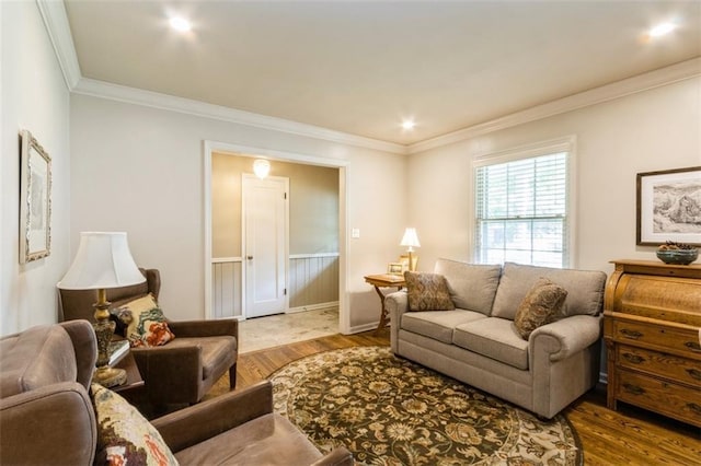 9613 Dearborn St, Overland Park, KS 66207 - living area with wood finished floors, crown molding, and recessed lighting