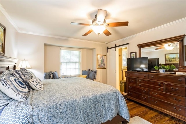 9613 Dearborn St, Overland Park, KS 66207 - bedroom featuring a barn door, dark wood-style floors, crown molding, and ceiling fan