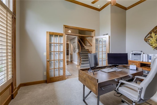 5204 W 166th St, Overland Park, KS 66085 - office space with a high ceiling, ornamental molding, ceiling fan, baseboards, and carpet flooring
