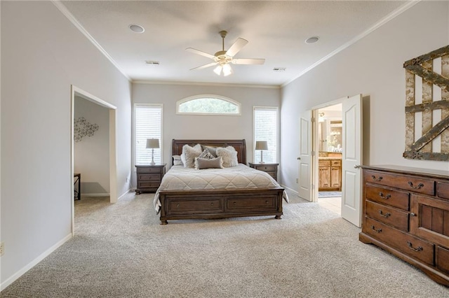 5204 W 166th St, Overland Park, KS 66085 - bedroom with light carpet, crown molding, baseboards, ensuite bath, and a ceiling fan