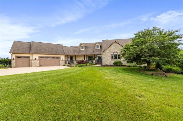 15405 161st St, Bonner Springs, KS 66012 - view of front facade featuring stone siding, an attached garage, and a front lawn
