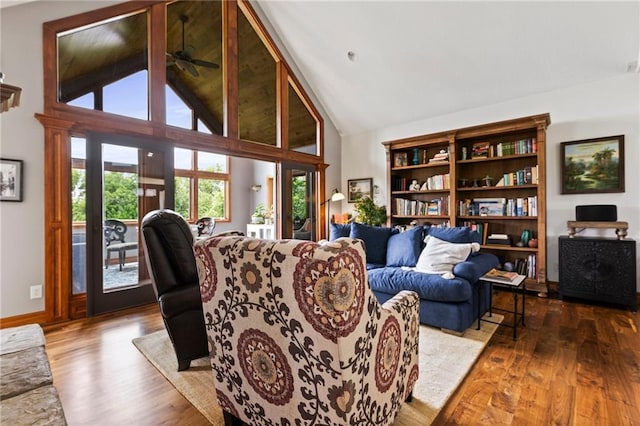 15405 161st St, Bonner Springs, KS 66012 - living room with high vaulted ceiling, wood finished floors, and a ceiling fan