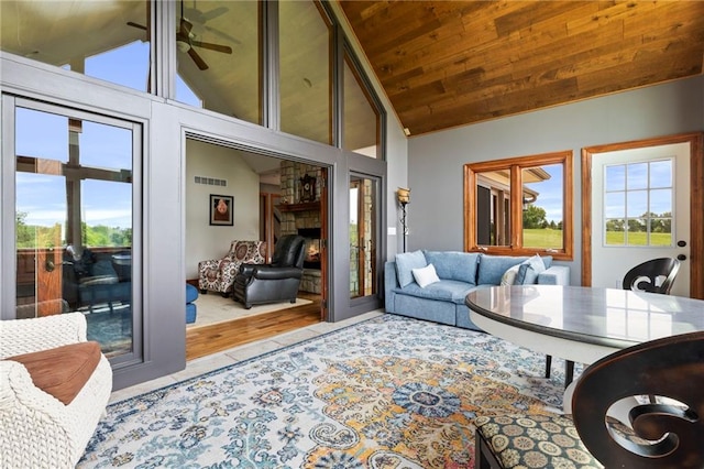 15405 161st St, Bonner Springs, KS 66012 - living room featuring plenty of natural light, ceiling fan, high vaulted ceiling, and wood ceiling