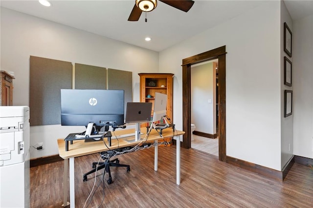 15405 161st St, Bonner Springs, KS 66012 - home office with a ceiling fan, wood finished floors, and recessed lighting