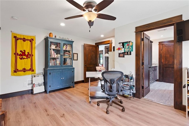 15405 161st St, Bonner Springs, KS 66012 - office area featuring light wood-type flooring, ceiling fan, and recessed lighting