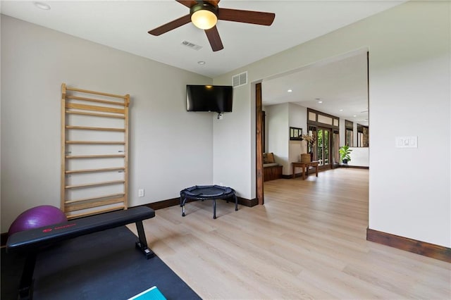 15405 161st St, Bonner Springs, KS 66012 - workout room with light wood-style floors, a ceiling fan, and recessed lighting