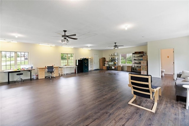 15405 161st St, Bonner Springs, KS 66012 - living area featuring a desk, plenty of natural light, dark wood finished floors, and a ceiling fan