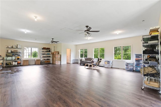 15405 161st St, Bonner Springs, KS 66012 - living area with dark wood-style flooring and ceiling fan