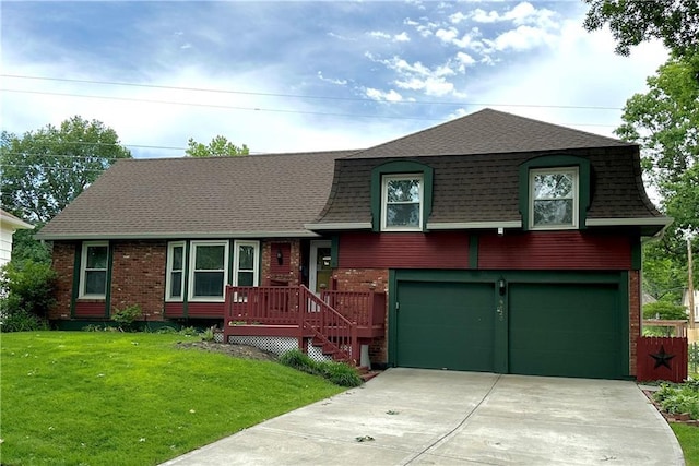 9820 Farley Ln, Overland Park, KS 66212 - view of front of home featuring roof with shingles, a garage, driveway, a front yard, and brick siding