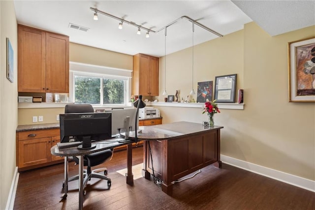 22404 S Roosevelt St, Spring Hill, KS 66083 - office featuring dark wood finished floors, baseboards, and rail lighting