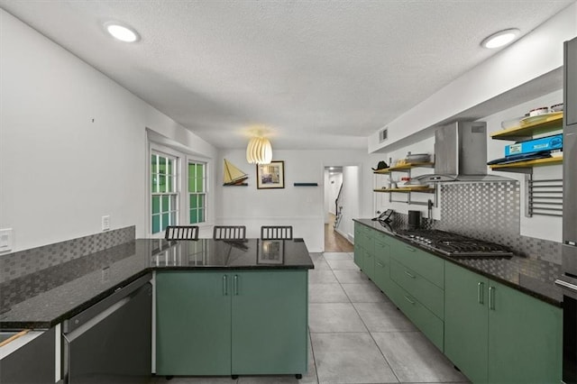 1038 N Woodland Ct, Oakwood, MO 64118 - kitchen with open shelves, dishwasher, island exhaust hood, green cabinets, and a textured ceiling