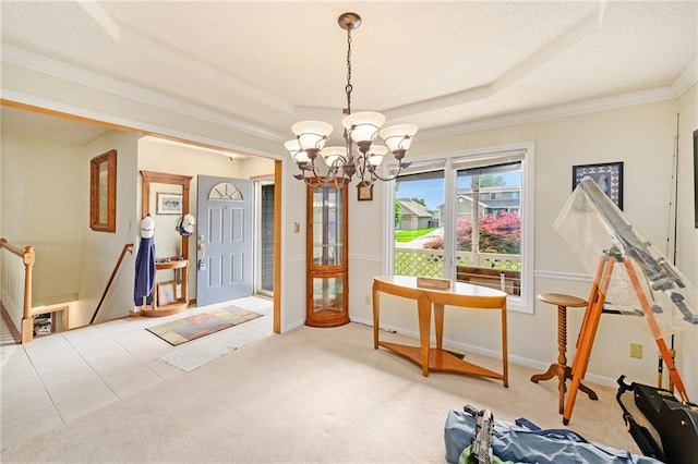 2721 SW Herefordshire Rd, Topeka, KS 66614 - carpeted dining area featuring a raised ceiling, a chandelier, baseboards, and ornamental molding