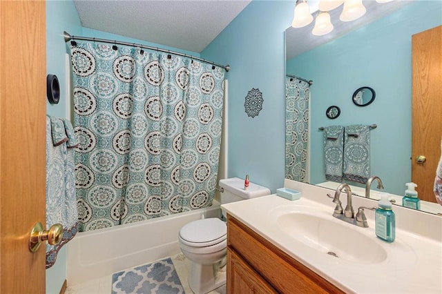 2721 SW Herefordshire Rd, Topeka, KS 66614 - full bathroom with toilet, vanity, shower / bathtub combination with curtain, tile patterned floors, and a textured ceiling