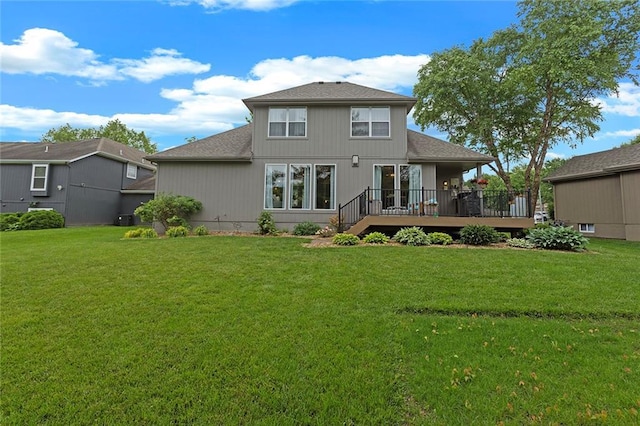 1402 NW Cedar Ct, Grain Valley, MO 64029 - back of house featuring a wooden deck, a yard, and a shingled roof