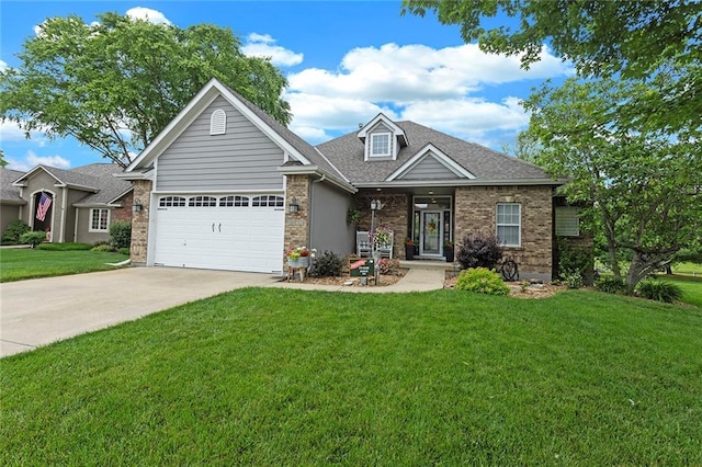 1402 NW Cedar Ct, Grain Valley, MO 64029 - view of front of home with a front yard, concrete driveway, a garage, roof with shingles, and brick siding