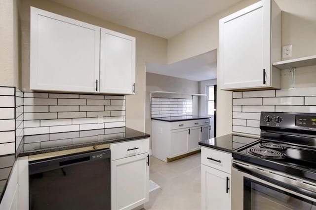 4204 E 60th Ter, Kansas City, MO 64130 - kitchen with electric range, dishwasher, backsplash, and open shelves