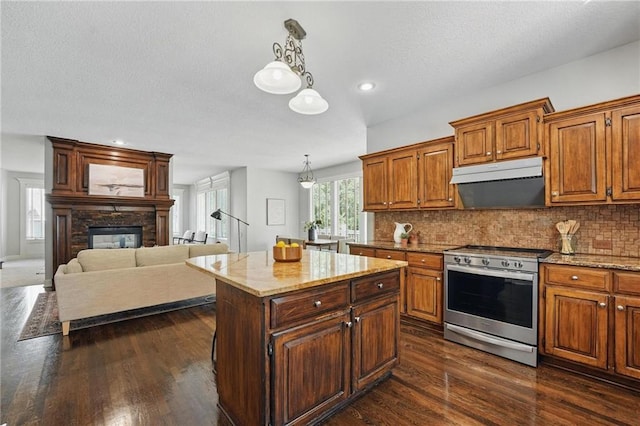 7407 W 145th Ter, Overland Park, KS 66223 - kitchen with stainless steel range, tasteful backsplash, dark wood finished floors, light stone counters, and recessed lighting